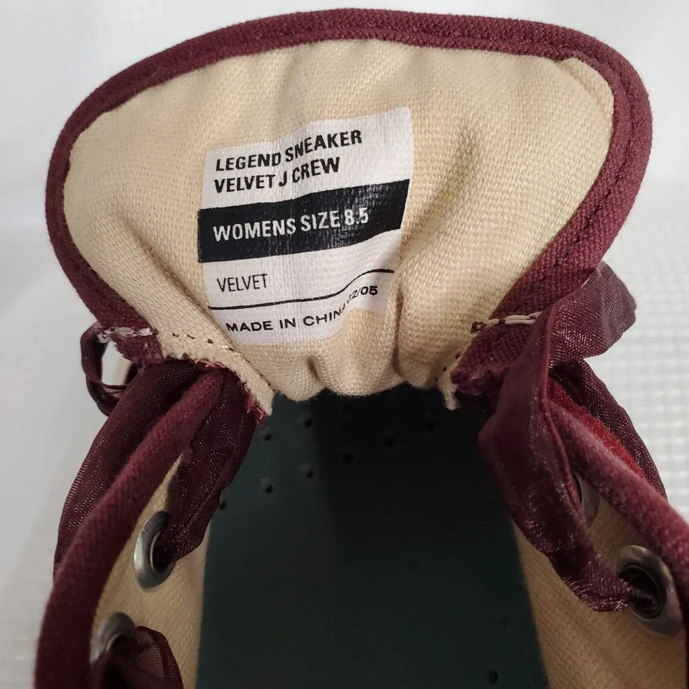 J.Crew SeaVees Womens Sz 8.5 Sneakers Legend Burgundy Velvet Sheer Ribbon Laces - Picture 7 of 9